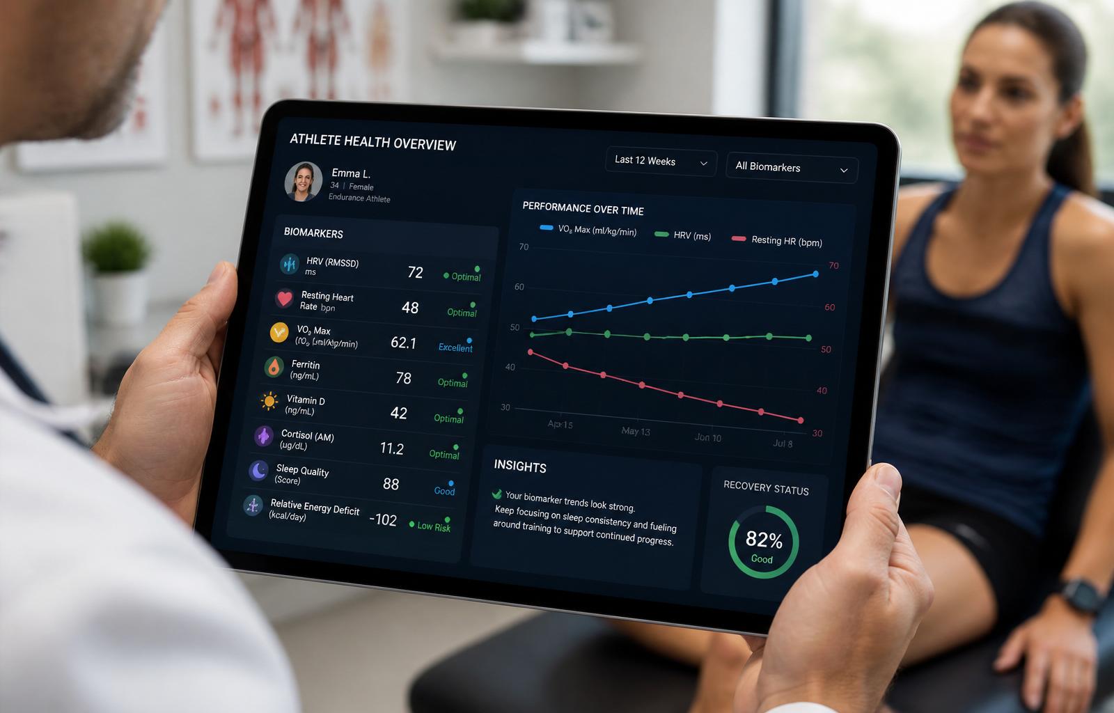 Médico do esporte analisando dashboard de biomarcadores em tablet, com atleta ao lado