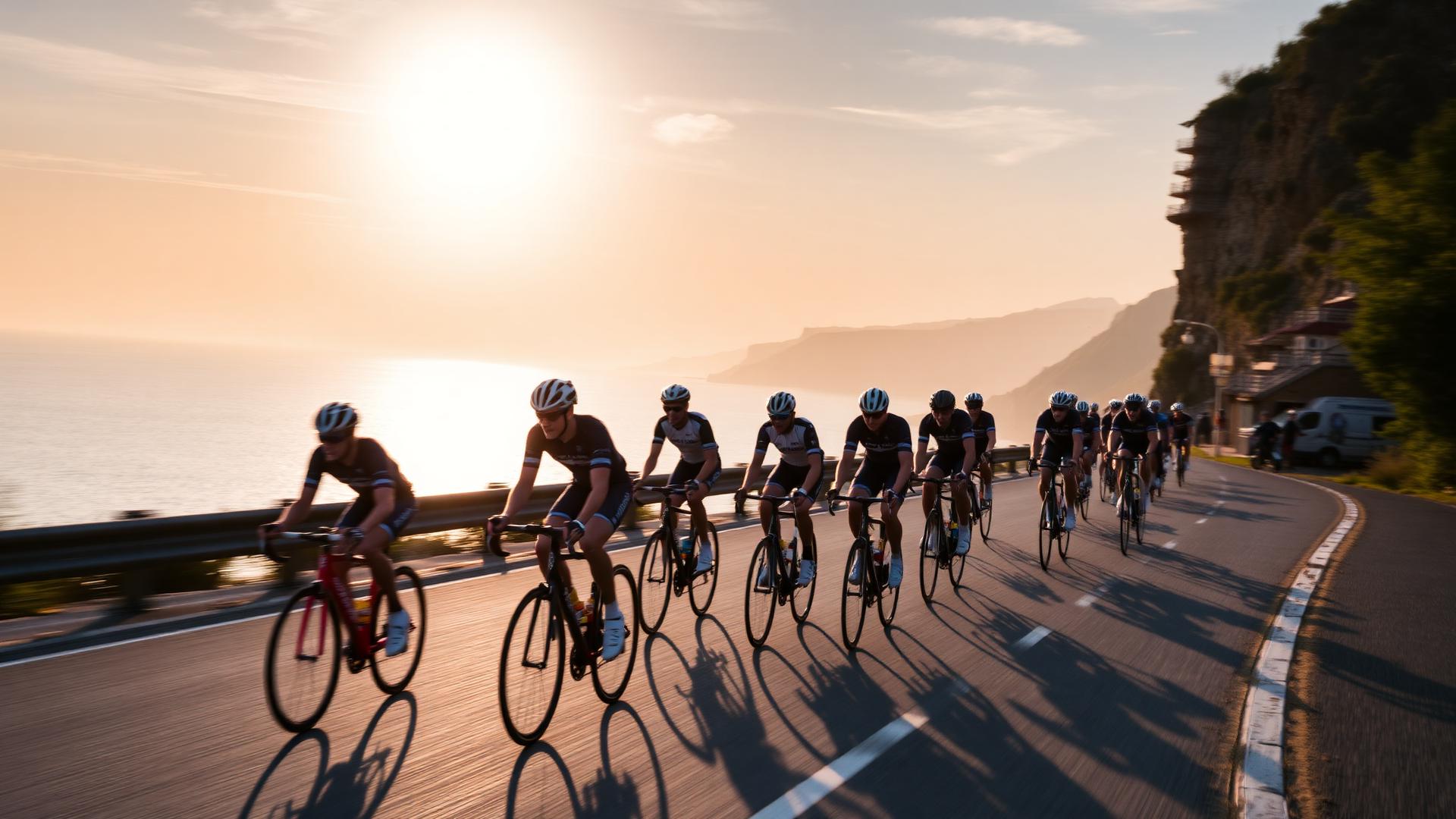 Pelotão de ciclistas ao amanhecer