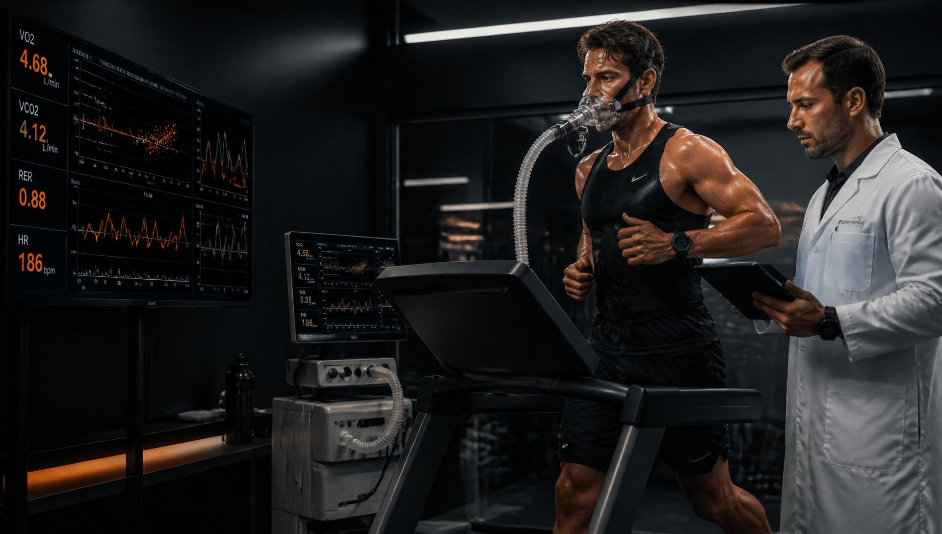 Atleta em teste de ergoespirometria com máscara, acompanhado por médico do esporte